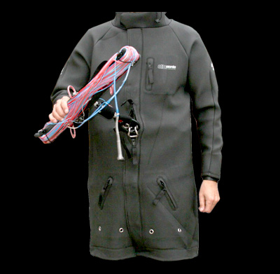 neoprene coat with double zipper opening for harness hook